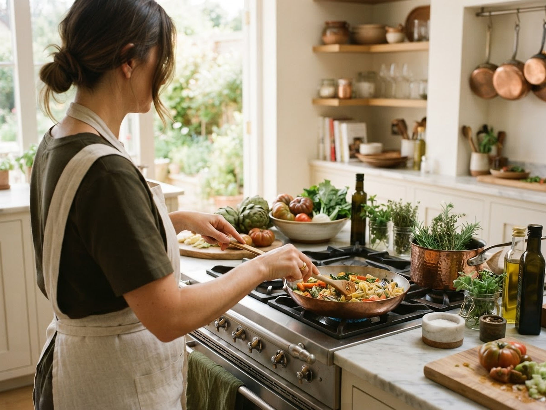 Chef cooking in a bright home kitchen