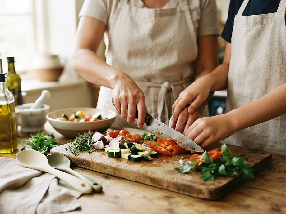 Hands slicing fresh vegetables