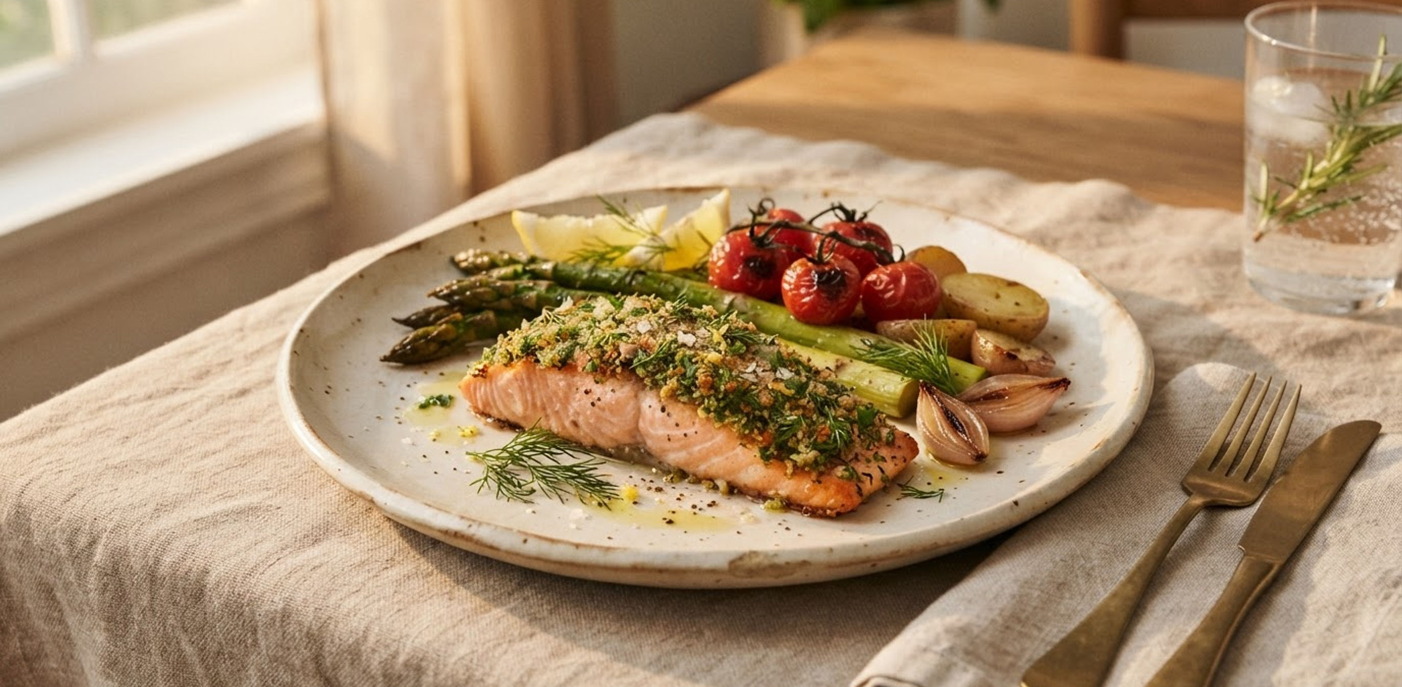 Herb-crusted salmon with seasonal vegetables