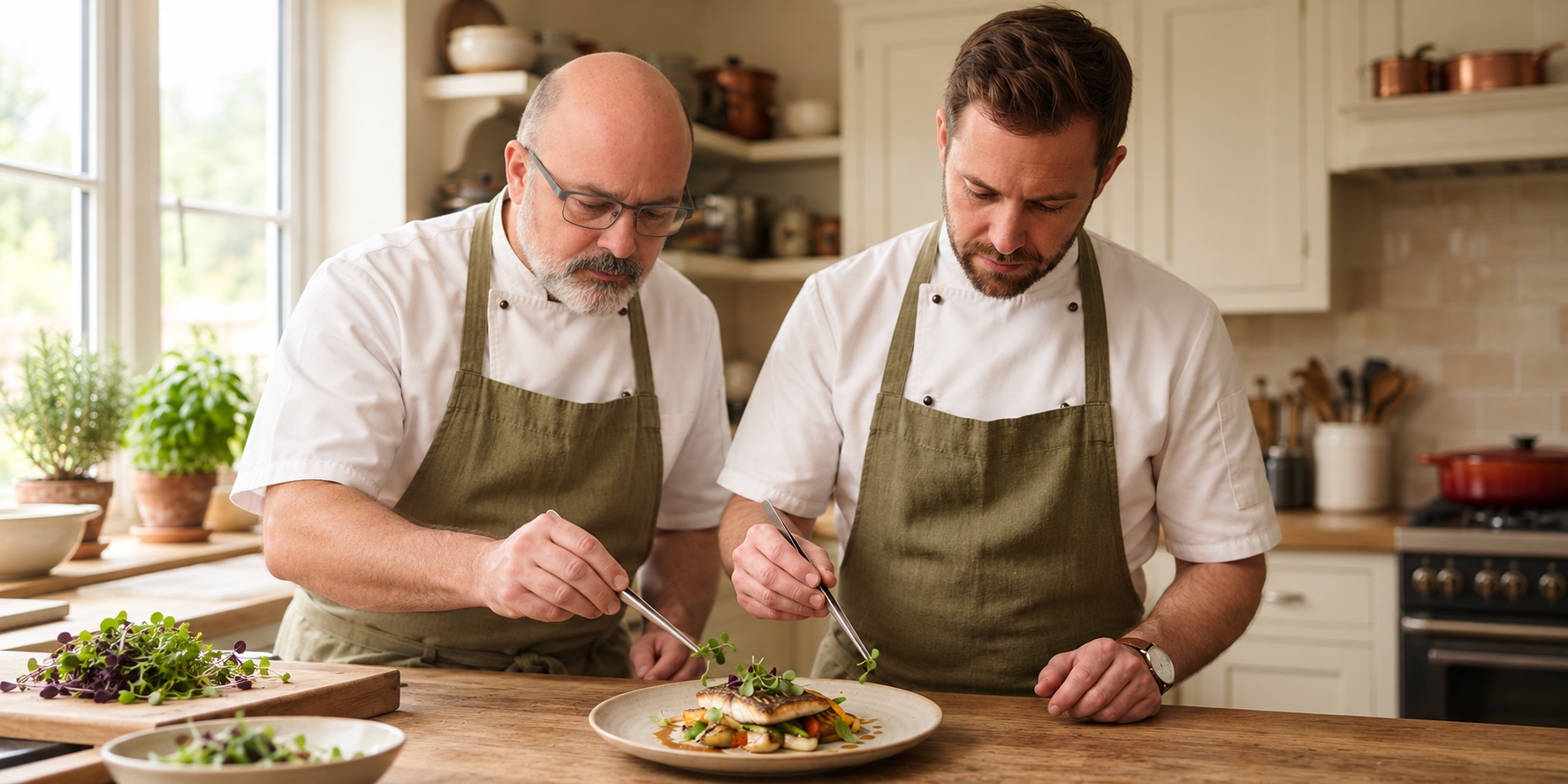 Josef and another chef plating a dish in a bright home kitchen